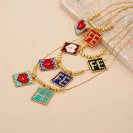 Chains YASTYT Miyuki Beads Braided Tag Necklace Boho Fashion Golden Chain Heart "FE" Pattern Pendants Adjustable Women Jewellery