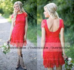 Red Full Lace Short Bridesmaid Dresses Cheap Western Country Style Crew Neck Cap Sleeves Mini Backless Homecoming Cocktail Dresses1749736