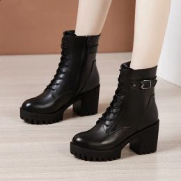 Boots 8cm Small Size 3243 Quality Genuine Leather Boots Womens Platform Shoes with Fur 2023 Winter Block High Heels Ankle Snow Boots