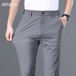 Calças masculinas verão bom estiramento calças lisas homens negócios cintura elástica coreano clássico fino preto cinza azul marca casual terno masculino