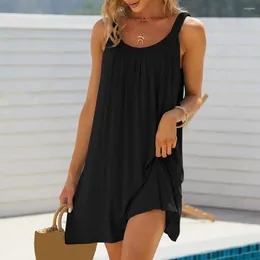 Casual Dresses Women Beach Mini Dress Round Neck Loose Sleeveless Above Knee Length Dress-up Pleated Summer Vacation Female Clothes