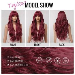 Synthetic Wigs Cosplay Wigs Burgundy Dark Red Synthetic Wigs Long Wavy Wine Red Cosplay Wig with Bangs for Women Natural Body Wave Halloween Heat Resistant 240327