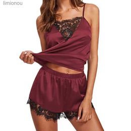 Women's Sleepwear Satin Sexy Lace Pajamas Set Sex V Neck Women Sleepwear Female Spaghetti Strap Sleeveless Top Shorts Night Suit Nightie UnderwearC24319