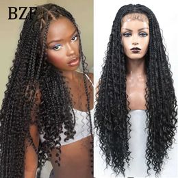 Synthetic Wigs Boho Box Braid Wigs Curly Ends Square Part Braided Lace Front Wigs Pre Plucked With Baby Hair For Women Blonde Box Braided Wig 240328 240327