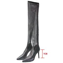 Boots Women Sandals Full Rhinestone Mesh Summer Boots Women Thigh High Over The Knee Sandals Zapatos Transparentes De Mujer Size 43