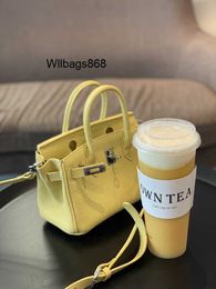 Genuine Leather Handbag BK L Loves Cowhide Silver Button Chicken Yellow One Shoulder Cross Body Mini Bag