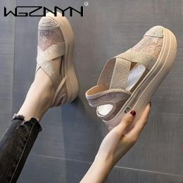 Sandals Summer Mesh Breathable Slippers Women Baotou Sandals Wedges Chunky Heels Height Increasing Platform Ladies Thick Sole Lace Shoes