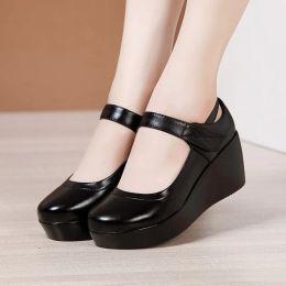 Pumps Round Toe Wedge Pumps Women Shoes Mary Jane Shoes Thick Bottom Leather Shoes Platform Pumps Fashion Brand New Large Size