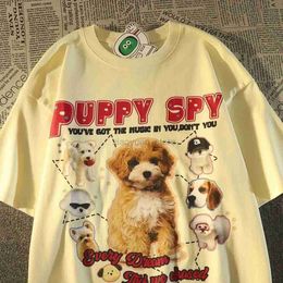 Men's T-Shirts American retro cute tee with puppy for men and women summer new cute outfit for couple loose blouse with half sleeve college style 240327