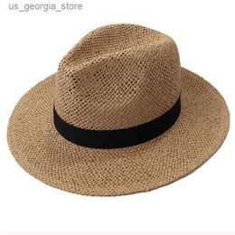 Wide Brim Hats Bucket Hats HT3119 Fedoras Black Band Str Hat Mens Wide Brim Summer Hat Mens Short Brim Beach Hat Y240319