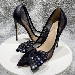 497 Dress Shoes Beautiful Bow Decoration 12cm 10cm 8cm High Thin Heel Pointed Toe Black Air Mesh Dating Sexy Lady Pumps Mysterious Sj022 5