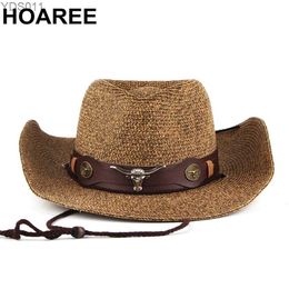 Wide Brim Hats Bucket HOAREE Cowboy Hat Mens Sun Fedora Belt Decorate Beach Str for Men UV Protection Cap Chapeau Femme 240319