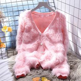 Women's Knits Small Fragrance Sweaters Downy Solid Colour V Neck Long Sleeve Loose Cardigan Autumn Fashion Sweet All Match Knit Women