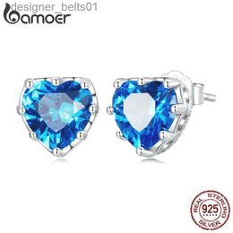 Stud Bamoer 925 Sterling Silver Blue Heart Stud Earrings for Women Fine Jewellery Shining Blue Stone Ear Studs Wedding Luxury GiftC24319