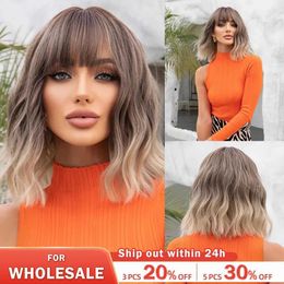 Synthetic Wigs Lace Wigs Women Grey Wavy Bob Wigs with Bangs Short Blonde Ombre Synthetic Wig With with Dark Roots Natural Hair for Daily Use 240328 240327