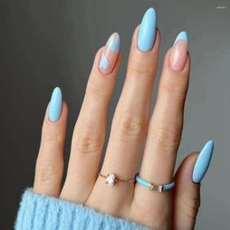 False Nails 24pcs Nail Tips Fake Nials DIY Wavy BLue Love Heart French Long Almond