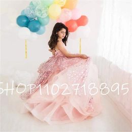 Girl Dresses Pink Elegant Puffy Applique Sleeveless Flower Party Gown Birthday Pageant First Communion Dress For Kids