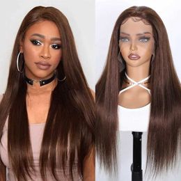 Synthetic Wigs Human Chignons HD Lace Front Human Hair Wigs For Women Chocolate Brown Straight Glueless 13x5 Transparent Lace Frontal Wig 4x4 Lace Closure Wig 240329