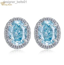 Stud Wong Rain 100% 925 Sterling Silver 6*8 MM Oval Aquamarine High Caon Diamond Gemstone Ear Studs Earring Fine Jewelry WholesaleC24319