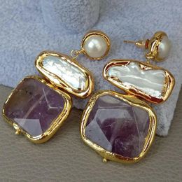 YYGEM 22x26mm Amethyst Faceted Square Freshwater White Biwa Pearl Stud Earrings 240305