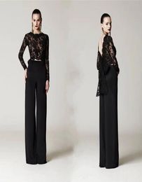 Black Lace Top Formal Pant Suits Evening Dresses With Big Bow Long Sleeves Arabic Custom Made Prom Party Dresses HY42099484743