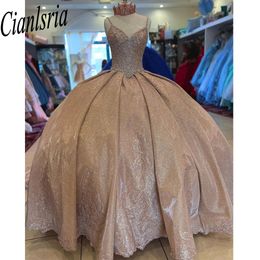 Champagne Quinceanera Dresses Sequin Applique Formal Birthday Party Prom Ball Gown Vestidos De 15 Anos Corset