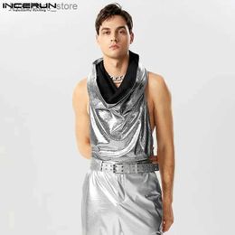 Men's Tank Tops Casual Party Shows Style Tops Mens Sparkling Fabric Pleated Hooded Waistcoat Personality Swing Collar Vests S-5XL 2023 L240319