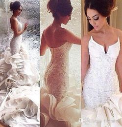 Newest Cathedral Train Sweetheart Mermaid beach wedding Dresses Beaded Lace Ruffles Backless Luxury Sparkly Trumpet Bridal Gowns C5635591