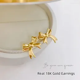 Stud Earrings Real 18K Gold For Women Genuine AU750 Bow Sweet Fashion Fine Jewellery Gift EA092