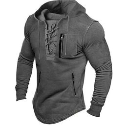 2024 Men Autumn Spring Top Lace Up Drawstring Solid Colour Long Sleeve Zipper Pockets Pullover Streetwear Mid Length Hoodie 240307