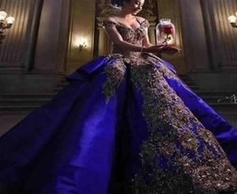 2019 Luxury Detail Gold Embroidery Royal Blue Quinceanera Dresses Ball Gown Sweet 16 Dress Off Shoulder Masquerade Pageant Prom Go8700283