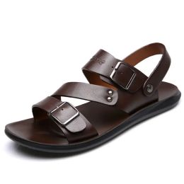 Sandals Fashion Comfortable Men's Sandals Solid Color Open Toe Mens Leather Sandals 2023 New Slippers Beach for Male Leather Footwear