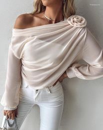 Women's T Shirts Elegant Blouses Rose Detail Ruched Skew Neck Chiffon Top 2024 Spring Latest Semi Sheer Long Sleeve Daily Versatile Shirt