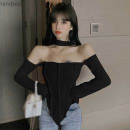 Women's T-Shirt Off Shoulder Long Sleeve Top Tee Shirt Femme Y2K Clothes Green Tops Mujer T-shirt Black Sexy Funny T Shirts Women CroppedC24319