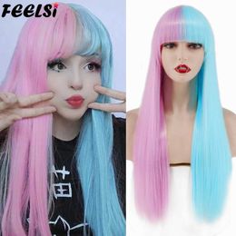 Synthetic Wigs Cosplay Wigs Lolita half Pink half Blue wig for Women Synthetic Wig with Bangs Heat Resistant Cosplay Wigs Halloween Wig 240329