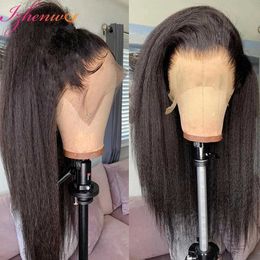 Synthetic Wigs Transparent Kinky Straight Lace Front Wig Pre Plucked Yaki Brazilian 13x6 Lace Closure Human Hair Wig For Woman Natural Hairline 240329