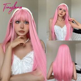 Synthetic Wigs Cosplay Wigs Light Pink Long Straight Synthetic Wigs with Bangs Cosplay Halloween Lolita Colorful Wig for Women Afro Natural Heat Resistant 240329