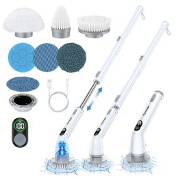 Hymeago Electric Spin Scrubber, Dual Speeds Cleaning 6 Replaceable Brush Heads and Display, Cordless Power Scrubber with Adjustable & Detachable Handle for