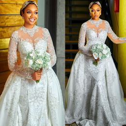 2024 Arabic Aso Ebi Plus Size Ivory Mermaid Lace Wedding Dress Sequined Detachable Train Bridal Gowns Dresses ZJ044