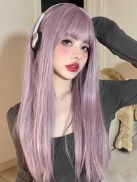 Synthetic Wigs Lace Wigs 22Inch Pinky Light Purple Synthetic Wigs With Bang Long Natural Straight Hair Wig for Women Daily Use Cosplay Heat Resistant 240329
