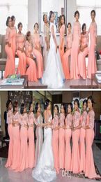 Elegant Coral Long Bridesmaids Dress with Sleeves Plus Size Lace Mermaid Party Dress Beautiful Bridesmaid Dress8577949