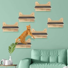 Lenwen Set of 6 Steps Shelf Climbing Shees Mounted Furniture Wall Bed Wood Cat Stairs with Non Slip Felt for Springboard Playing (lovely)