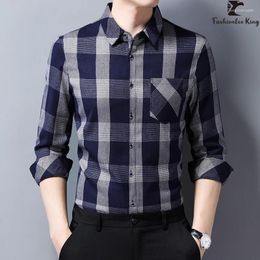 Men's Casual Shirts Brand Check Long Sleeve Pocket Business Tops