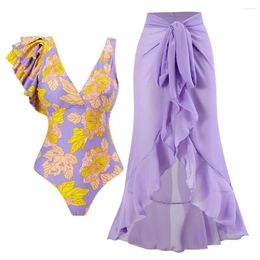 Women's Swimwear Beach Bathing Suit Stylish Floral Print One-piece Swimsuit Set With Chiffon Cover Up Skirt V-neck Monokini For Female