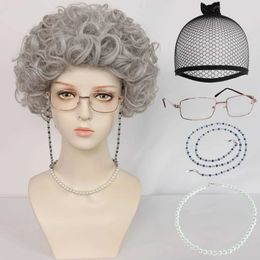 Synthetic Wigs 1 Glasses +1 Necklace+Short Gray Curly Old Lady Grandma Costume Cosplay Wig for Halloween Christmas School Thanksgiving Day 240329