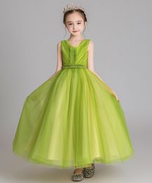 Nykterhet grön tyll v-hals pärlor blommor flicka klänning flicka's tävlingsklänningar fest/födelsedagsklänningar tjej kjol anpassad SZ 2-12 D319036