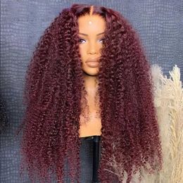 Synthetic Wigs Synthetic Wigs Burgundy Soft 26Inch Long Kinky Curly 99j Glueless 180% Density Deep Lace Frontal Wig For Black Women Babyhair Preplucked Daily 240329