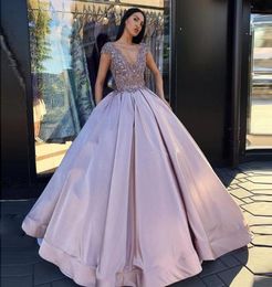 Beautiful A Line Ball Gown Prom Dresses Lace Applique Sequins Top Satin Skirt Formal Evening Dresses Party Gowns VNeck Zipper Bac6412976