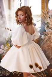 Puffy Sleeve Short Lace Flower Girl Dresses White Satin Child Princess Wedding Party Dress Holy First Communion Ball 240312