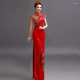 Ethnic Clothing Bridal Red Qipao Gold 3D Lace Flower Wedding Dress Performance